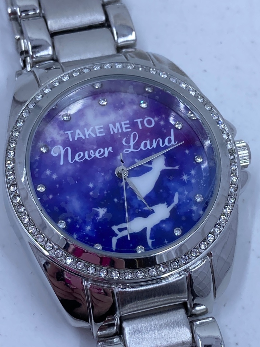 Disney Watch Take me to Never Land Silver Peter Pan New w/o tags Need Battery